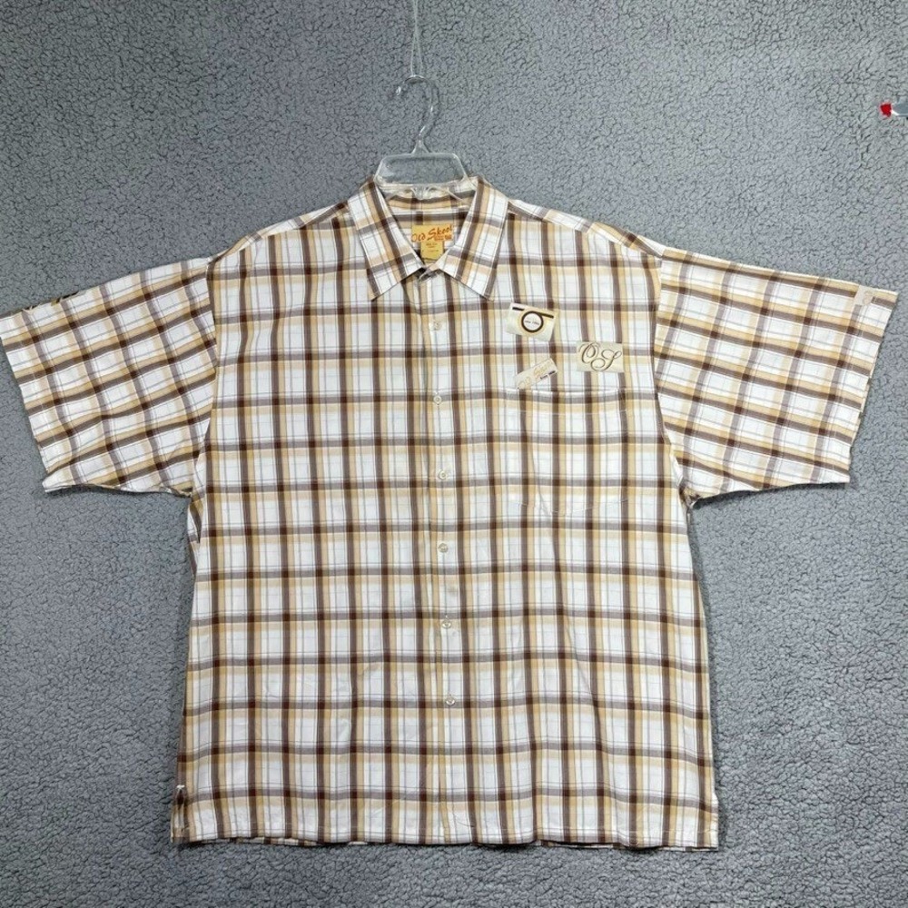 Old Skool Urban Wear Mens 3XL Beige Brown Plaid Short Sleeve Button Up Shirt 90s